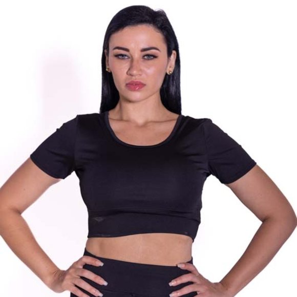 Criss Cross Back Black Crop Top - Picture 2 of 5